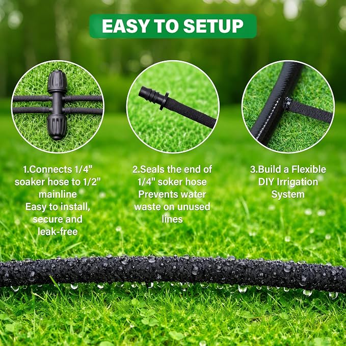 MIXC 80% Water-Saving Soaker Hose – 1/4" x 100 Ft Drip Irrigation Tubing for Garden, Lawn, Flower Beds & Vegetable Rows, with 1/4" Drip Fittings