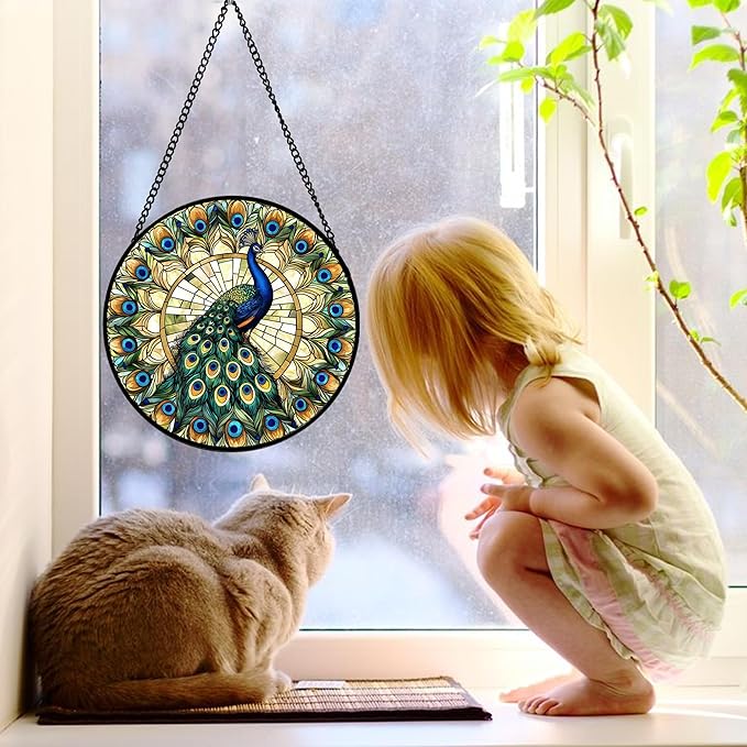 DASTOLL Stained Glass Window Hanging - Retro Peacock Decoration Suncatcher for Door Garden Home Bird Feather Sun Catchers Christmas Mother's Day Birthday Gifts for Women Men Mom Nana Friend 11.8 in