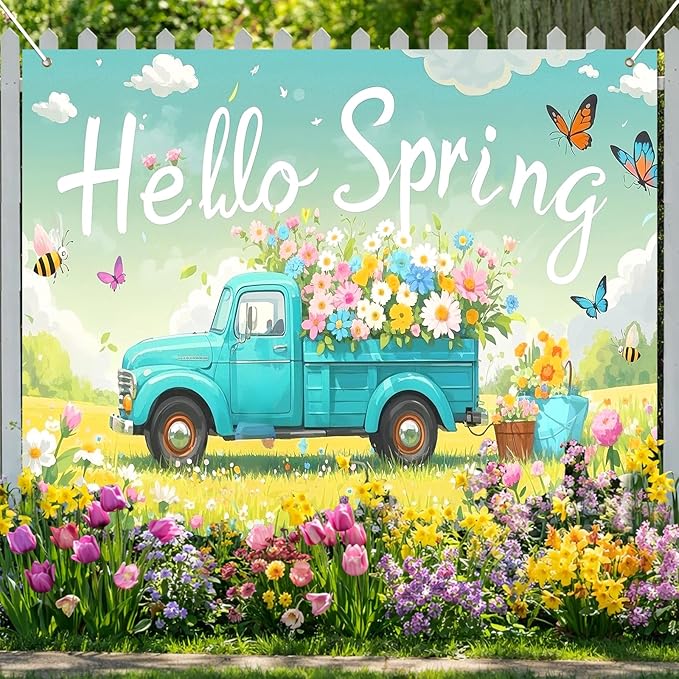 BlissYard Hello Spring Backdrop 8x6ft Flower Truck Photography Background Spring Garden Party Scenic Banner for Easter Celebration Birthday Baby Shower Classroom Photo Booth Decor