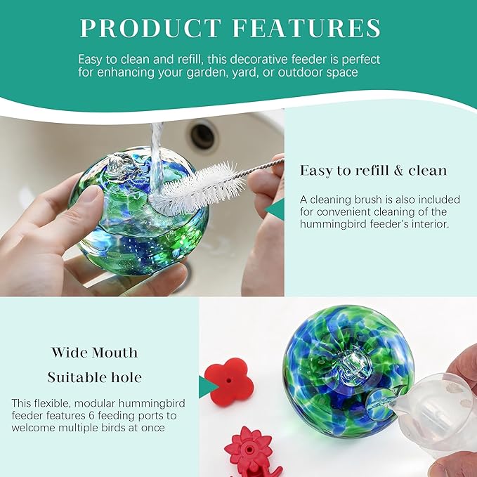 QFkris Set of 6 Blown Glass Hummingbird Feeder for Outdoors Hanging, Small Hummingbird Feeder with Flower Feeding Ports for Outside Garden Backyard Decor, Gardening Gifts for Women Mom(Green)