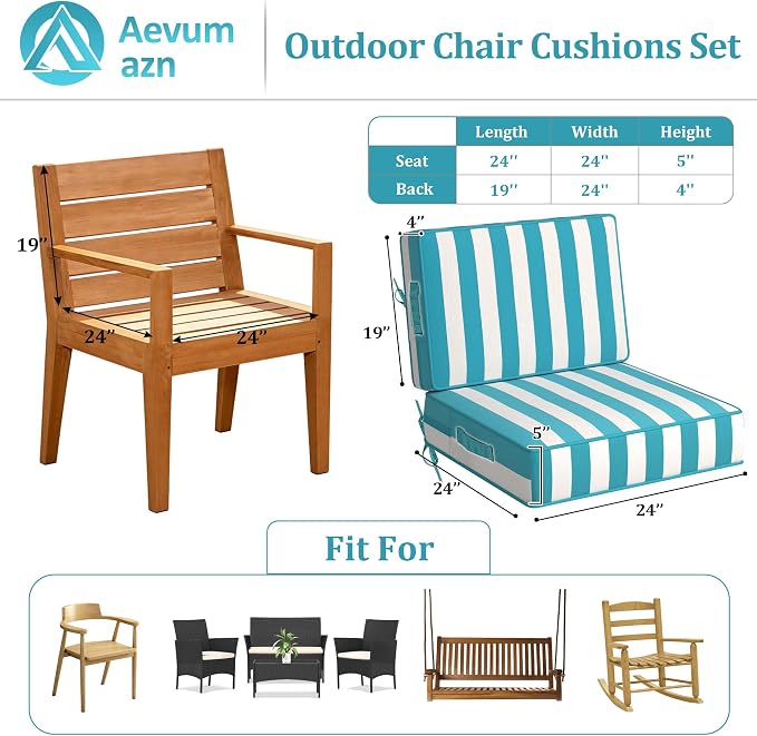5" Thicker Outdoor Chair Cushions 2 Sets 24" *24" Waterproof Patio Chair Cushions for Outdoor Furniture w/Removable Cover 30D High Density Sponge Filling Thicken Patio Furniture Cushion w/Handle &Ties