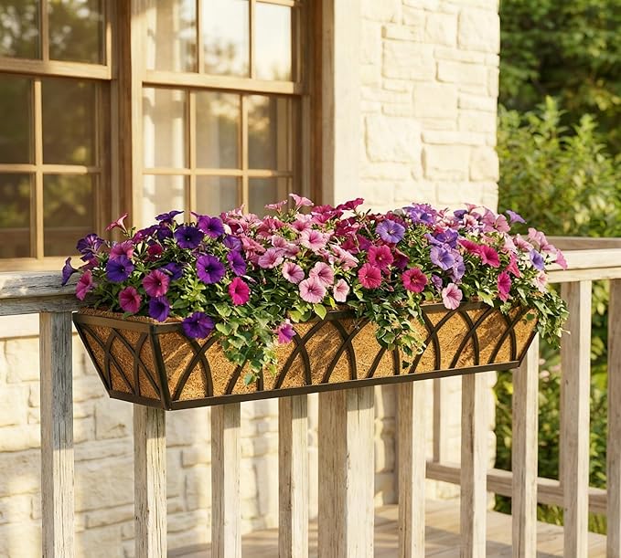Y&M 6 Pack Hanging Railing Planter Boxes, 30 Inch Adjustable Balcony & Deck Planter, Heavy Duty Metal Flower Box for Porch, Fence & Window, Outdoor Plant Holder