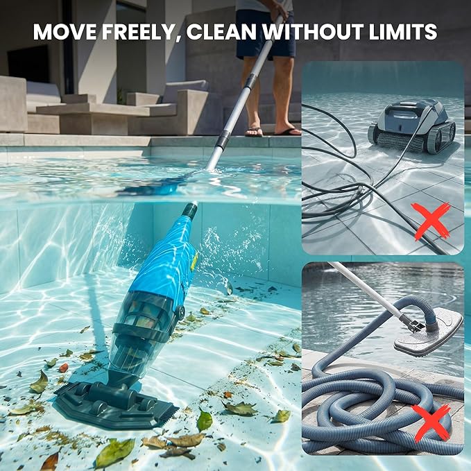 Handheld Pool Vacuum for Above Ground Pool, Cordless Pool Vacuum w/ 4-Section Pole, Pool Cleaner w/ 18 GPM & 90 Min, Ideal for Leaves Dirt Sand, Hot Tubs Spas Above Ground Pools Inground Pools, Blue