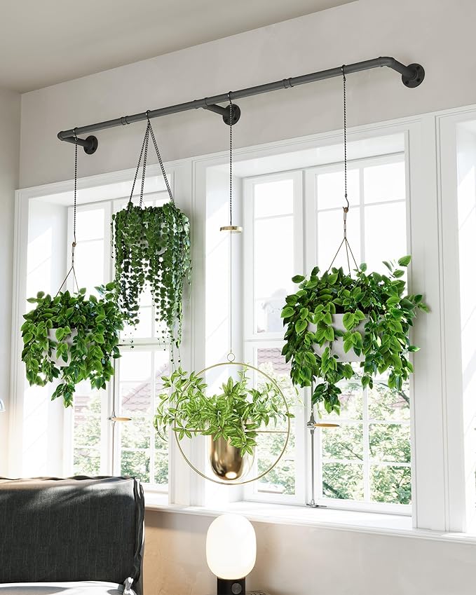 SOFITORG Plant Haning Rod, Hanging Planters for Indoor Plants with 6 Chains, Wall Plant Hanging Bar for Window Celling, 65.7 Inch, Metal Black, Pots Not Included