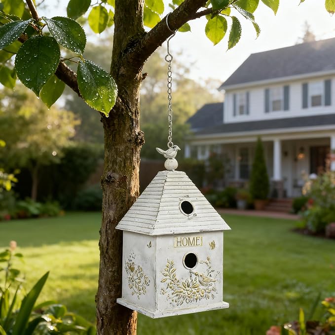 Vintage Metal Hanging Birdhouse, Home Decorative Bird House with Floral & Bird Accents, Weathered White Bird Home, Ideal for Outdoor Garden Decor