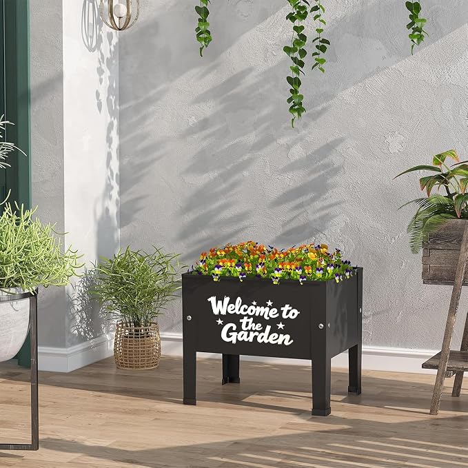 aboxoo 2 Packs 14 Inch Spray-Painted Style Small Planter Raised Garden Bed with Legs,Outdoor Metal Planter Box for Patio,Elevated Garden Bed for Vegetables Flower Herb(Black)