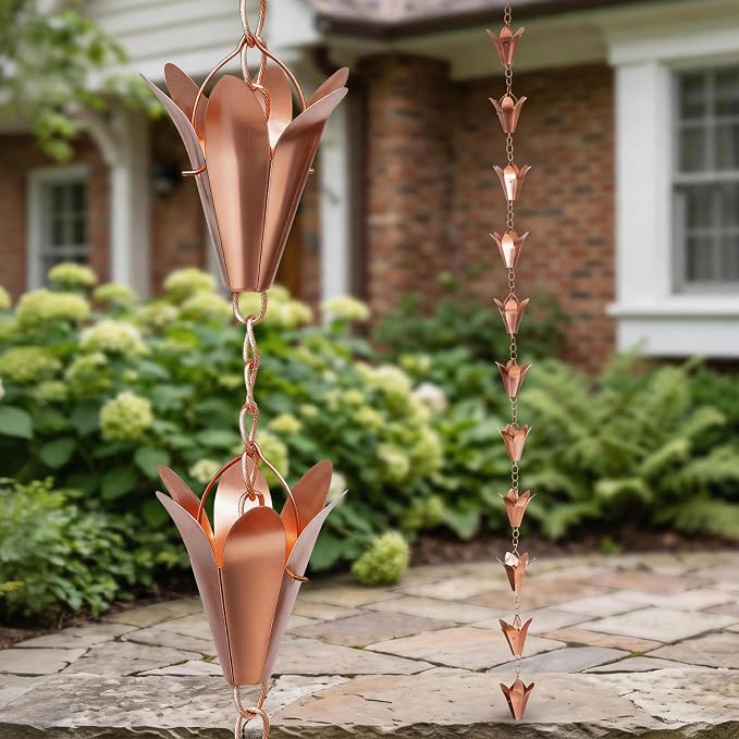 Topadorn 7.8FT Pure Copper Rain Chain with 11 Lily Cups, Decorative Downspout Water Diverter, Adjustable Outdoor Garden Patio Porch Water Feature