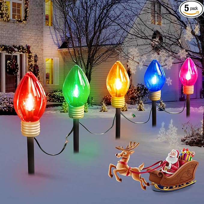 Jumbo C9 Christmas Pathway Lights Outdoor - 8.5 Feet 5 LED C9 Walkway Light, C7 Light Covered Jumbo Multicolor Bulb Christmas Lights Outdoor Decorations for Lawn Holiday Outside Yard Garden