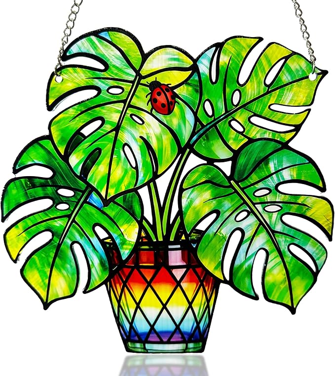 Plant Suncatcher Glass, Stained Glass Suncatcher Plant Window Hanging, Unique Nature Lover Gifts Leaf (Monstera)