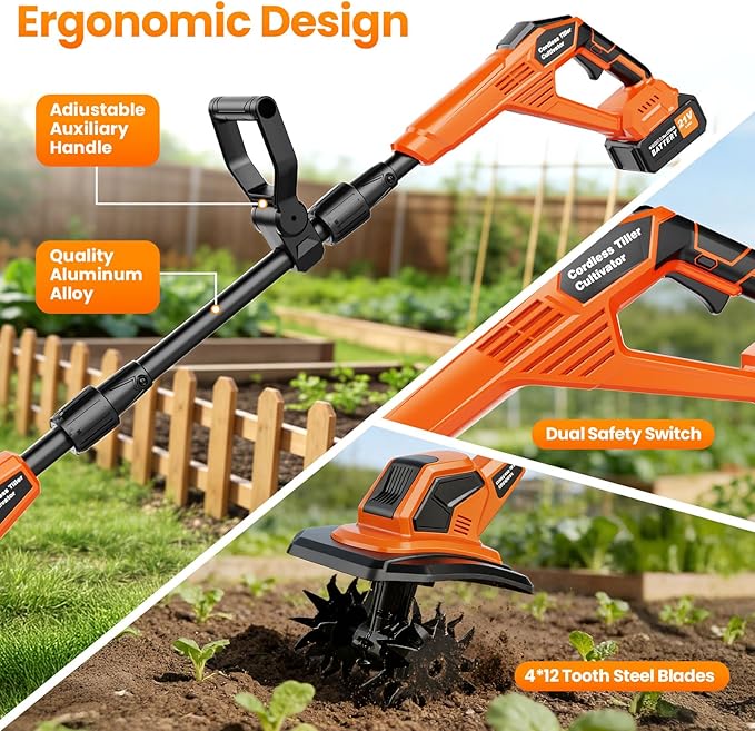 400RPM Brushless Cordlees Tiller Cultivator for Gardening, 20V Electric Garden Tiller Battery Powered((2*3.0Ah Battery&Charger), 9.5"Width 7"Depth, Garden Rototiller for Yard/Lawn/Soil Tiller (Orange)