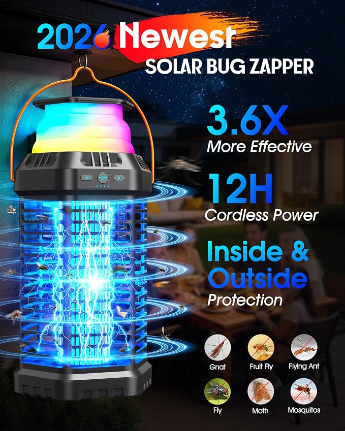 Solar Bug Zapper Outdoor, Rechargeable Mosquito & Fly Zapper with Auto ON/Off, 6000mAh Long-Lasting, Foldable Camping Light, Solar & USB Powered Bug Zapper for Patio, Camping & Indoor Use