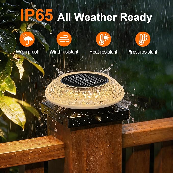 4x4 Solar Post Cap Lights 4 Pack: Fence Post Solar Lights with 3 Lighting Modes & Round Lampshade - Waterproof Outdoor Deck Post Light for Garden/Patio/Porch(Black)