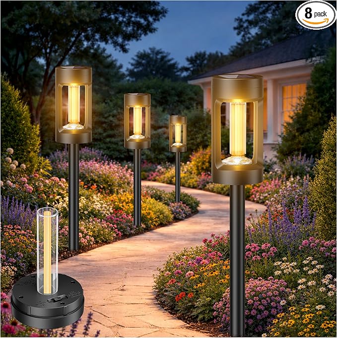 Solar Lights Outdoor，8 Pack Solar Pathway Lights with Acrylic Wick and 3000K IP65 Waterproof Lights for Lawn Patio Walkway Driveway Decor Landscape