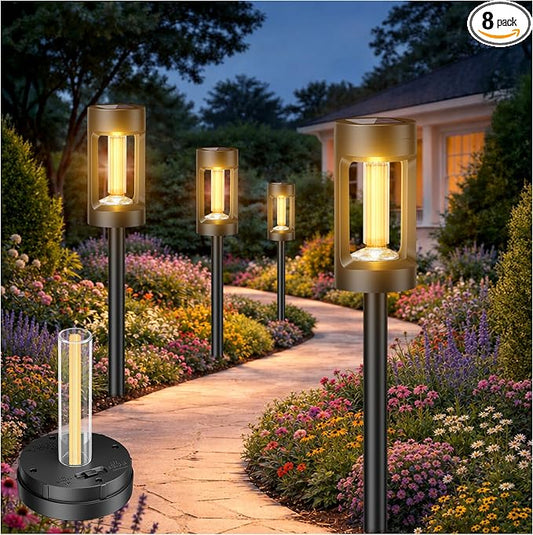 Solar Lights Outdoor，8 Pack Solar Pathway Lights with Acrylic Wick and 3000K IP65 Waterproof Lights for Lawn Patio Walkway Driveway Decor Landscape
