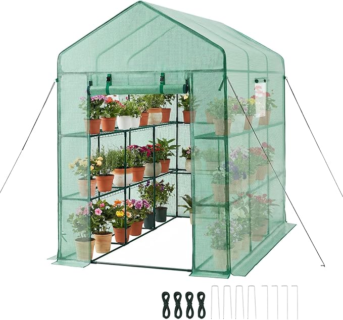 VEVOR Walk-in Greenhouse, 54" x 81.1" x 77.2" Greenhouse for Outdoors with Windows, PE Cover, 2 Tiers 14 Shelves, Roll-Up Zipper Door, Walk in Green House, Portable Plant Garden Hot House for Backyard