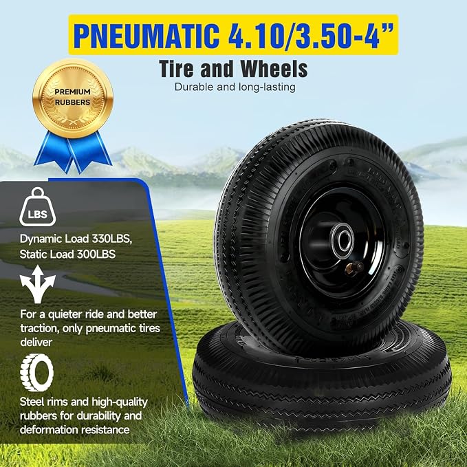 4.10/3.50-4 Pneumatic Wheel, 10 Inch Pneumatic Tires and Wheels Replacement with 5/8'' Bearings, 2.2" Offset Hub for Garden Cart, Hand Truck, Lawn Cart, Dolly, Mower (2 PACK)