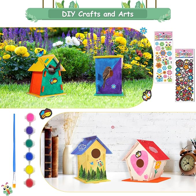 12 Pack Large DIY Bird Houses Kits for Kids, Kids Craft Kits Wood Houses for DIY Crafts Class Party, 12 Birdhouse Kits with 12 Paint Strips & Paintbrushes & Stickers for Children to Build & Paint (12)