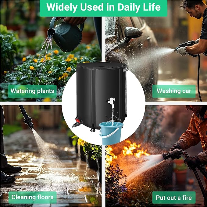 FAMIROSA 50 Gallon / 200L Rain Barrel, Collapsible Rain Barrels to Collect Rainwater from Gutter with Spigots and Overflow, 500D PVC Portable Rain Water Collection Catching System, Water Catcher Tank