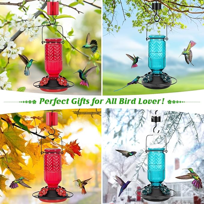 FEED GARDEN Glass Hummingbird Feeder 2 Pack, 16oz Leak-Proof with Ant Moat & Bee Guards, Easy Clean Wide Mouth, Metal Perches, Red Outdoor Hanging