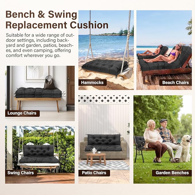 Waterproof Porch Swing Cushions 60 Inch,2 3-Seater Replacement for Outdoor Furniture with Backrest and Straps, Thick 4" Swing Seat Bench Cushion for Loveseat Glider Bench Patio Lawn Backyard