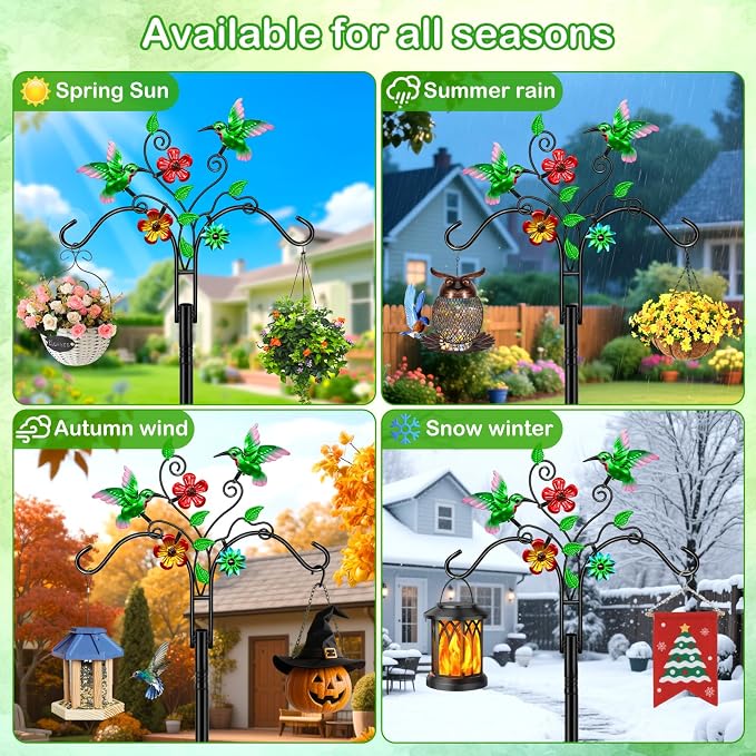 Double Shepherds Hooks for Outdoor, 78 Inch Bird Feeder Pole with 5 Prongs Base, Adjustable Heavy Duty Plant Hangers Hummingbird Art for Outdoor Plants Hummingbird Feeder Hanging Baskets Lantern