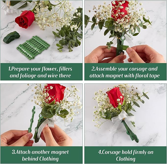 Waydress 10 Pairs Floral Boutonniere Magnets Small Corsage Fix Boutonniere Magnets Corsage Pins Brooches Flower Stick for Handmade Wedding Bride Groom Flower (Green)