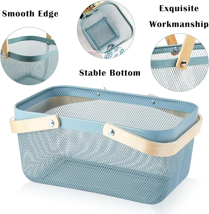 Cheardia 2 Pack Picnic Baskets, Metal Mesh Harvest Basket with Foldable Wooden Handle, Rectangle Garden Storage Basket Bin for Vegetable Fruit Garden Kitchen Cabinet Picking Gathering, Blue