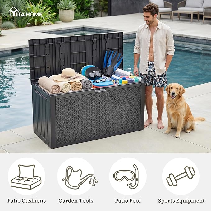 YITAHOME 90 Gallon Outdoor Storage Deck Box, Waterproof Resin Deck Box w/Handles, Lockable Outdside Deck Box for Patio Furniture, Garden Tools, Lockable & UV Resistant(Dark Gray)