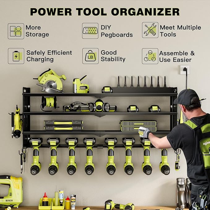 NattyDot Garage Tool Organizer Wall Mount Power Tool Organizer Wall Mount with Charging Station Garden Tool Hanger