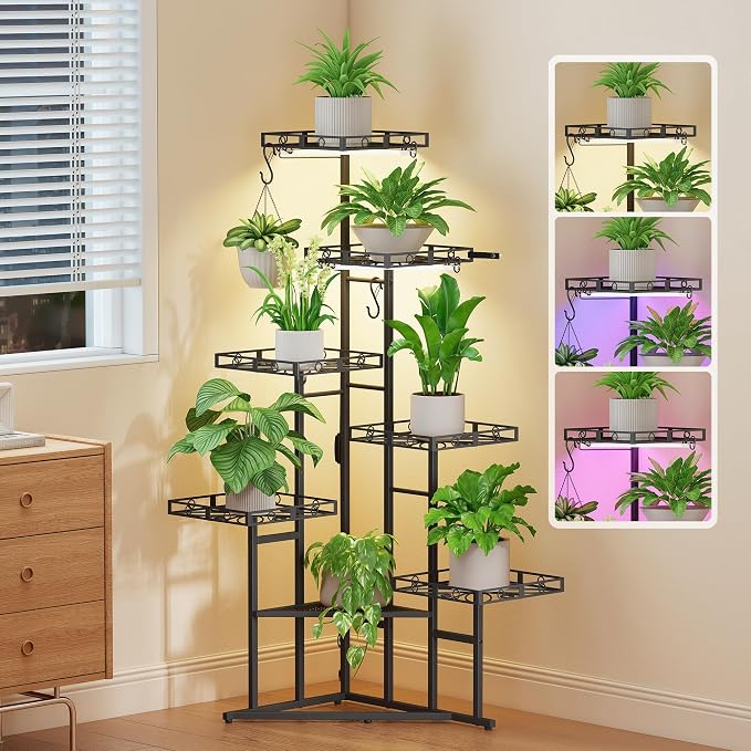 Quikraen 46" Tall Plant Stand Indoor with 2-Head Grow Lights,Multiple Tiers Corner Plant Shelf for Corner,7-Tier Large Metal Flower Holder, Plant Rack for Home Decor, Patio (Black)
