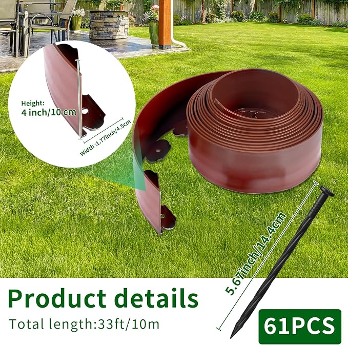 4 in x 33 Ft Garden Landscape Edging, No Dig Garden Edging Border Kit with 61 Pcs Spikes for Flower Bed Lawn Yard Grass Brown