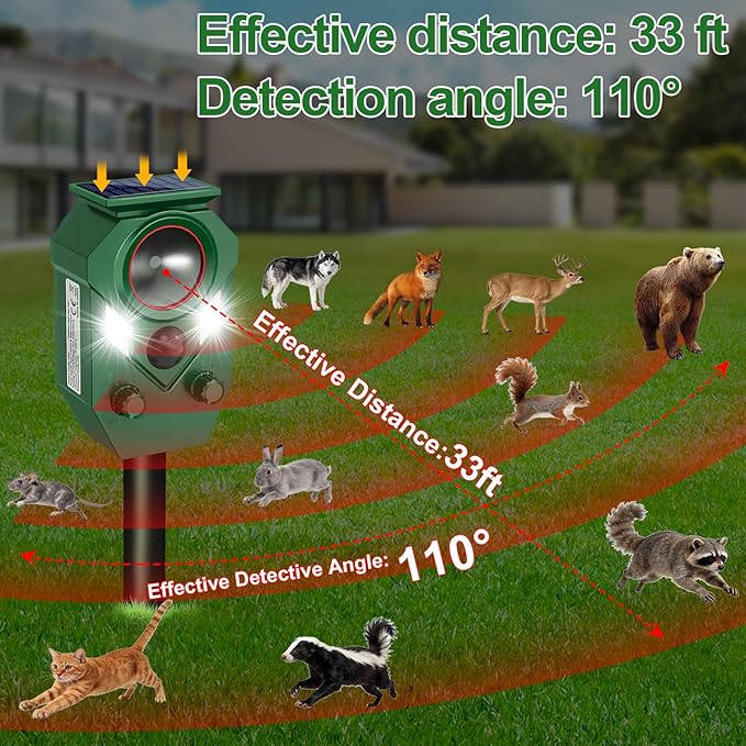 Ultrasonic Animal Repeller Outdoor,Cat Repellent & Deterrent with PIR Sensor & Flashing Light,Solar Powered Deer Repellent Device for Squirrels,Raccoons,Skunks,Rabbits,and Dog,IP65 Waterproof - 1 Pack