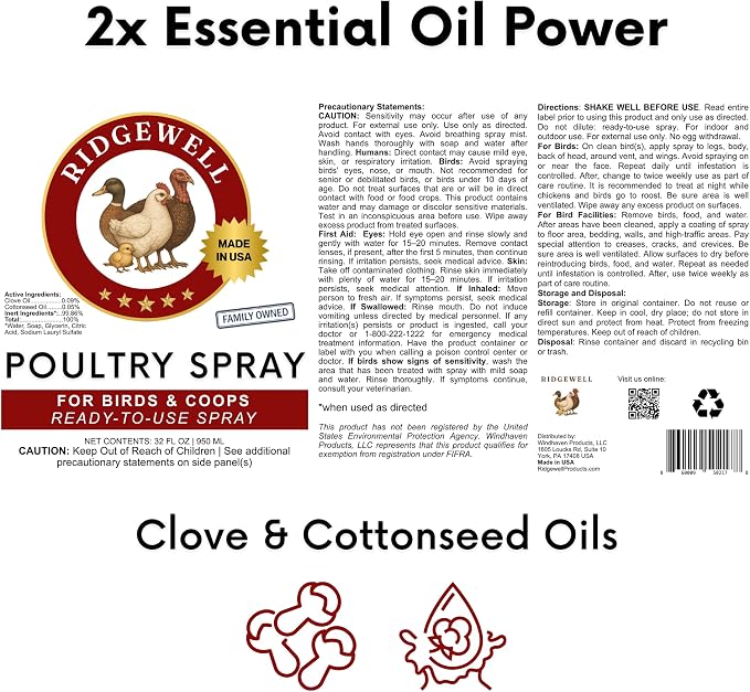Poultry Chicken & Coop Spray 32 oz | Kills Mites, Fleas, Lice & Ticks | Clove & Cottonseed Essential Oils | Use on Chicks* & Laying Hens | No Egg Withdrawal | Made in USA