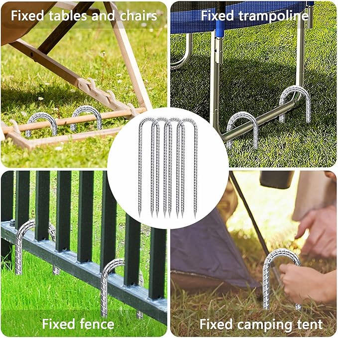 Trampoline Stakes Heavy Duty - 12 Inch U Shaped Garden Stakes 8mm Galvanized Steel Wind Stakes for Trampoline Safety Anti-Rust 6 Pack High Wind Rebar Stakes for Tent, Swing Set Fence