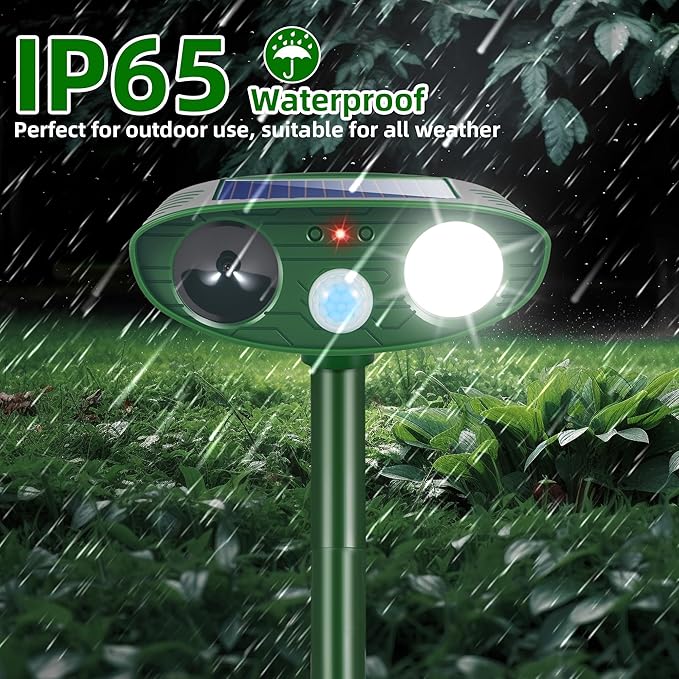 4 Pack Upgraded Sonic Fortress Pro Deer Repellent Devices Waterpfoof Ultrasonic Cat Squirrel Rabbit Racoon Deterrent Outdoor with Motion Sensor & Strobe Light-Solar Animal Repellent for Garden Yard