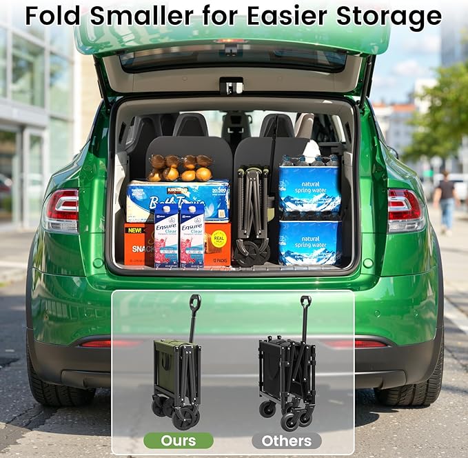 Blomoba Collapsible Wagon Cart, 220LBS Heavy Duty Collapsible Wagon with All-Terrain Wheels 360° Rotation, Flexible Handle, Portable Utility Cart for Grocery Sports Garden Shopping Camping Beach,Green