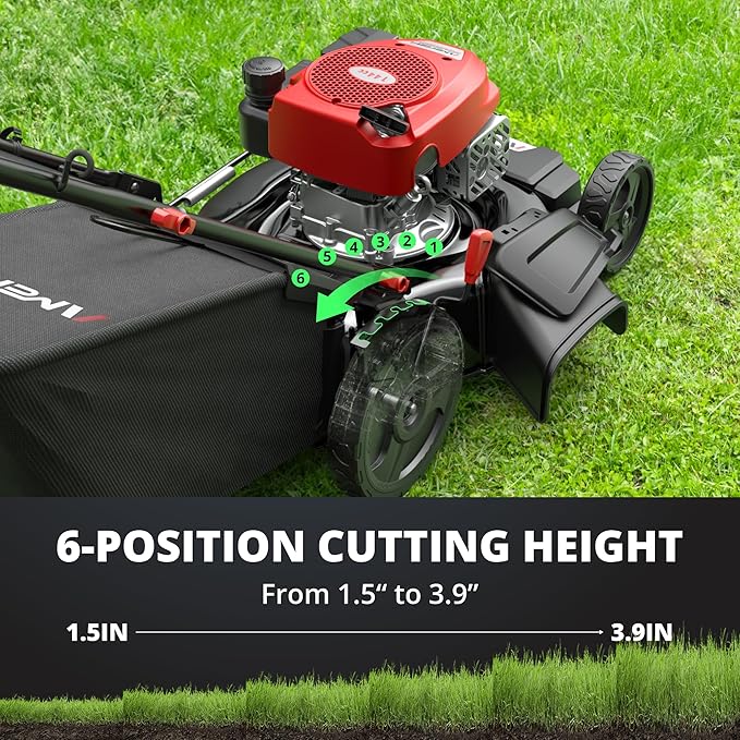 21" Steel Deck Gas Lawn Mower, 3-in-1 Push Mower, 144cc 4-Stroke OHV Engine, 6 Height Adjustment, 1.4 Bushel Grass Catcher with Bagging, Mulching & Side Discharge Efficient for Yard Garden