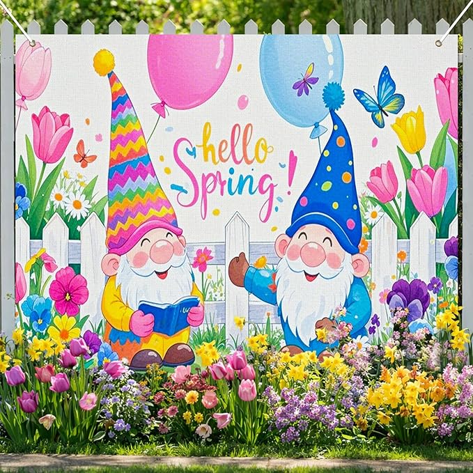 BlissYard 8x6ft Spring Gnome Garden Backdrop Hello Spring Photo Background Colorful Floral Party Banner Cute Cartoon Scene for Easter Baby Shower Birthday Classroom Event Photography Decoration