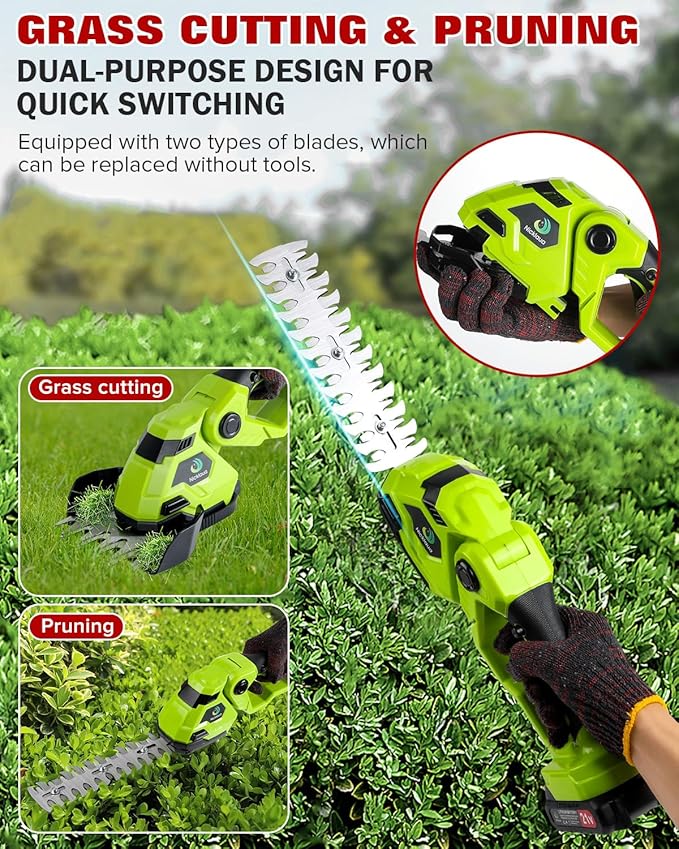 Cordless Hedge Trimmer，2-in-1 Bush Trimmer，Cordless Grass Shear & Shrubbery Trimmer with Dual-Action Blade Cutting Capacity,Hedge Shear with 2 PCS Rechargeable Battery and Charger for Garden,Lawn.