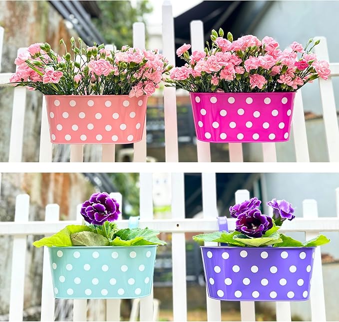 LaLaGreen Rail Planter (17 Inch, 6 Pack) Colorful Metal Hanging Flower Pots Railing Fence Balcony Gardening for Apartment Patio Planters Iron Outdoor Decoration Porch Decor Modern Garden Style
