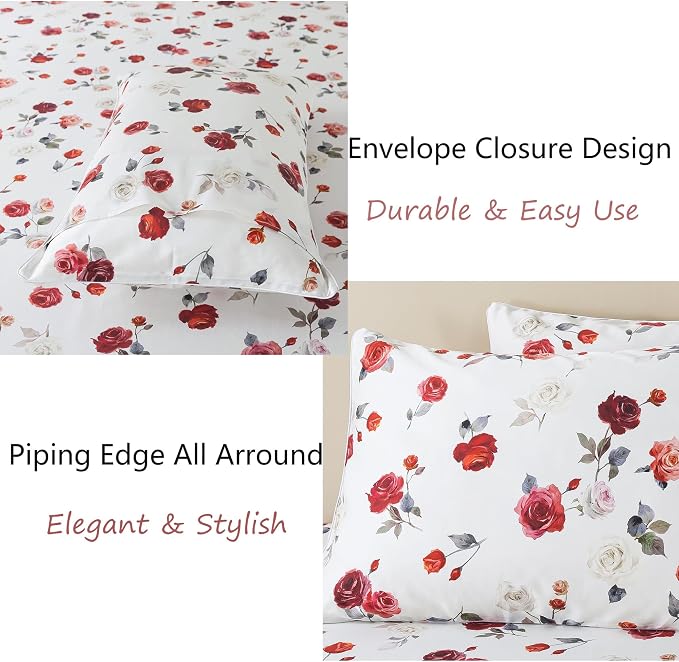 FADFAY Rose Sheets Set Cal King Vintage White Floral Bedding Red Rose Bed Sheets Shabby Farmhouse Bedding 100% Egyptian Cotton 800 Thread Count Deep Pocket Fitted Sheet 4Pc, California King Size