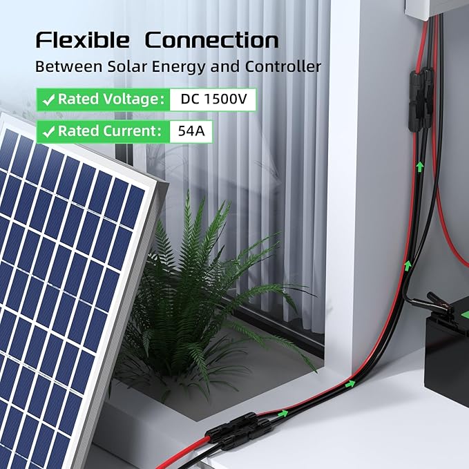 Bateria Power 50Ft 10AWG Solar Panel Extension Cable, 6mm² Twin PV Wire Conductor Parallel Solar Wire Adapter Kit with Waterproof Female & Male Solar Connectors for RV, Marine (Both Ends Installed)