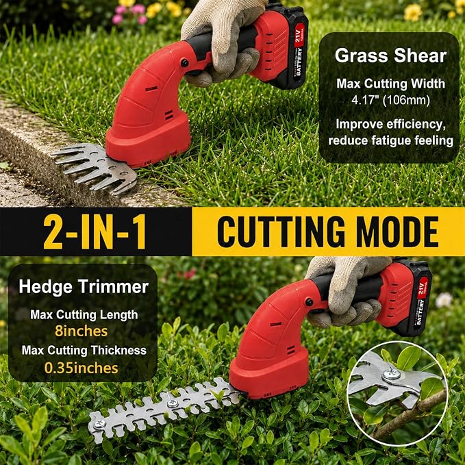 2-in-1 Cordless Hedge Trimmer & Grass Shear, 21V, Red | Lightweight Handheld, Small Yard Lawn Edging, Easy One-Hand Pruning for Women & Seniors, 2 Batteries & Charger