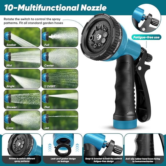 Garden Hose 100FT Non-Expanding, Lightweight Hose With 10-Function Nozzle, Leak-Proof No-Knot Easy to Carry Sturdy Flexible Water Hose for Yard Garden Outdoor（Light Black）