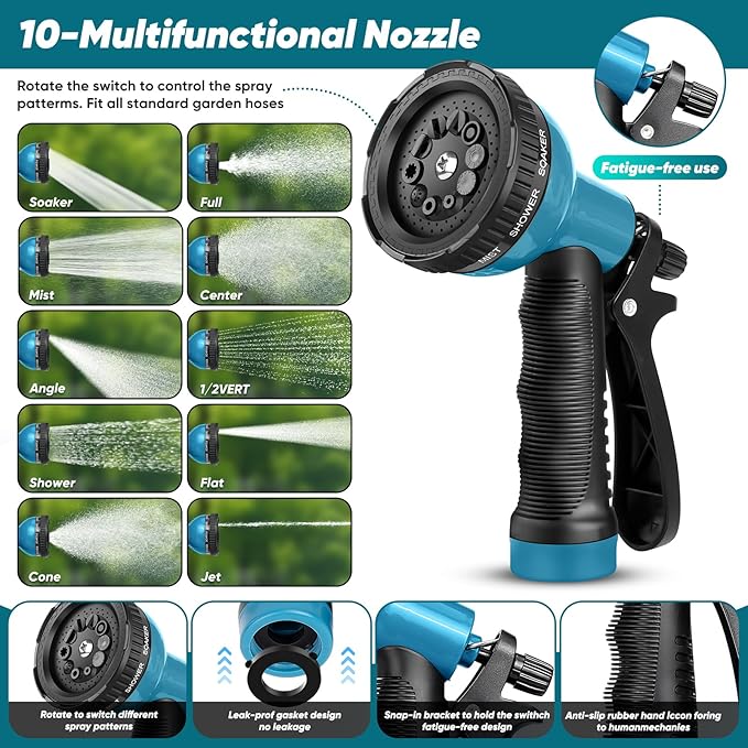 Garden Hose 100FT Non-Expanding, Lightweight Hose With 10-Function Nozzle, Leak-Proof No-Knot, Easy to Carry, Wear-Resistant, Sturdy 3/4GHT Flexible Water Hose for Outdoor (Black with Nozzle)