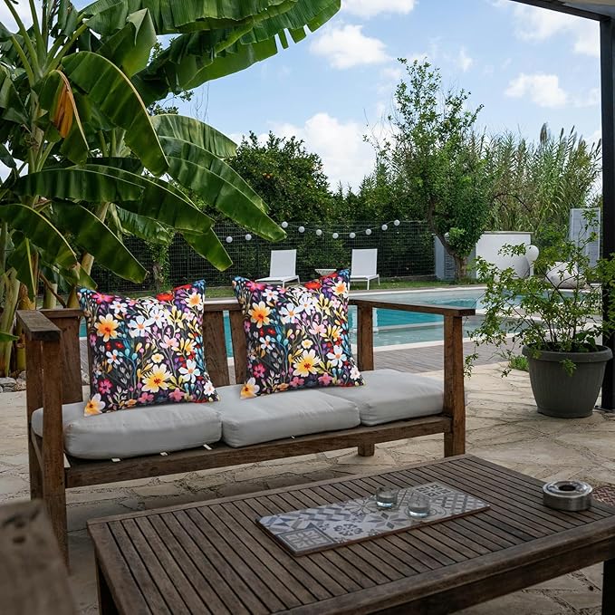 HOMFREEST Outdoor Floral Throw Pillow Covers 18x18 Inch Set of 2 Black Waterproof Flowers Decorative Spring Summer Holiday Patio Cushion Cases for Patio Furniture Garden