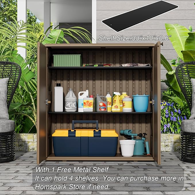 HOMSPARK Indoor/Outdoor Storage Cabinet with Doors and Shelf, 34”x16”x36” HDPE Plastic Storage Box for Patio, Balcony, Multi-Purpose for Tools, Brown