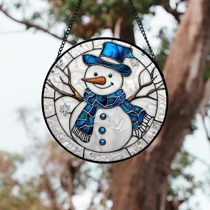 DASTOLL Stained Glass Window Hanging 4 Pcs Set White Winter Christmas Snow Scene 7.8" - Suncatcher Door Garden Sun Catcher Decor Birthday for Mom Woman Nana Men Friend Wife