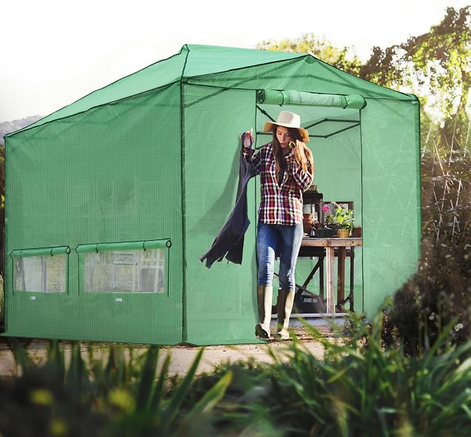 EAGLE PEAK Replacement Cover for 12x8 Portable Walk-in Pop up Greenhouse, Front and Rear Roll-Up Zipper Entry Doors and 4 Large Roll-Up Side Windows (Frame Not Included), Green