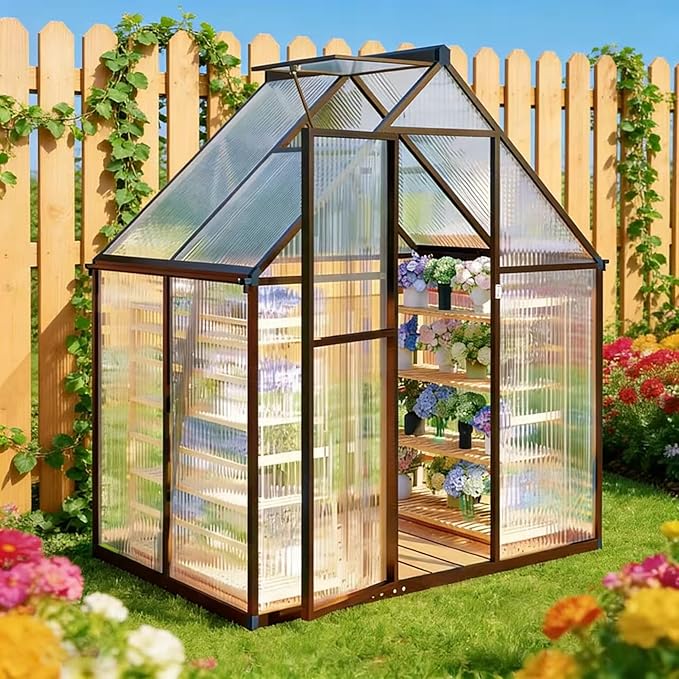 6x4 FT Greenhouse for Outdoors, Polycarbonate Greenhouse with Quick Setup Structure and Roof Vent, Aluminum Large Walk-in Green House for Outside Garden Backyard, Charcoal Black